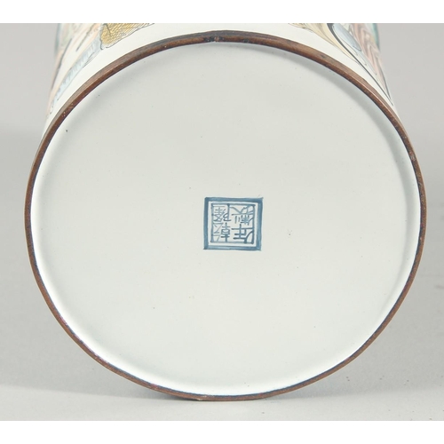 14 - A CHINESE ENAMELLED CYLINDRICAL POT, painted with various figures and inscribed, character mark to b... 