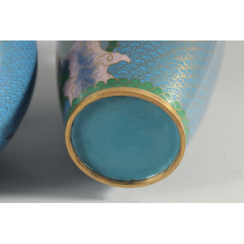 3 - TWO CHINESE BLUE GROUND CLOISONNE VASES, and a similar jar with associated cover, vases 23.5cm high,... 