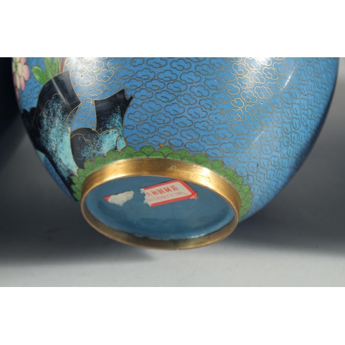 3 - TWO CHINESE BLUE GROUND CLOISONNE VASES, and a similar jar with associated cover, vases 23.5cm high,... 