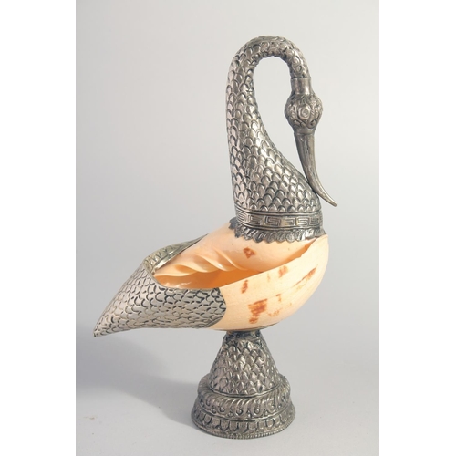 34 - TWO METAL MOUNTED SHELLS, on formed as a swan, together with a metal stand, (3).