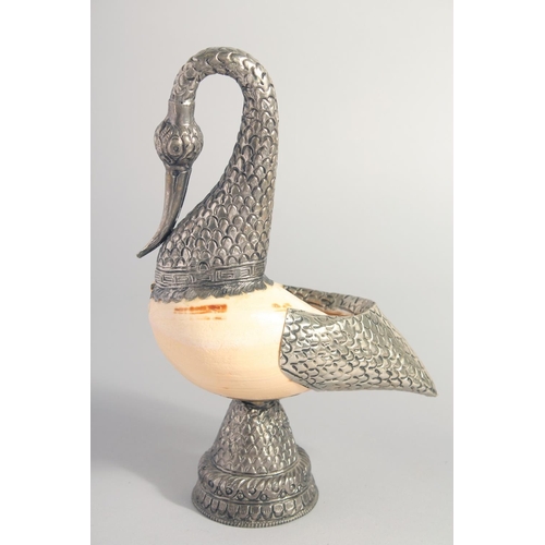 34 - TWO METAL MOUNTED SHELLS, on formed as a swan, together with a metal stand, (3).