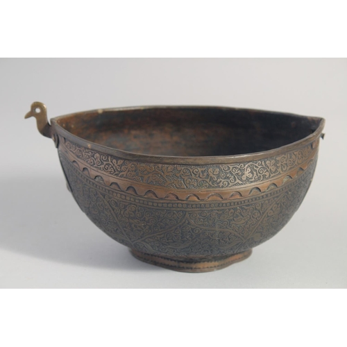 35 - AN ISLAMIC ENGRAVED BRASS KASHKOOL, 20.5cm wide.