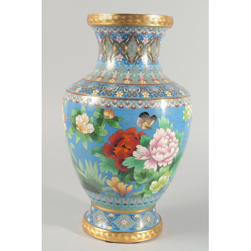 4 - A GOOD LARGE CHINESE BLUE GROUND CLOISONNE VASE, decorated with flowers, birds and butterflies, the ... 