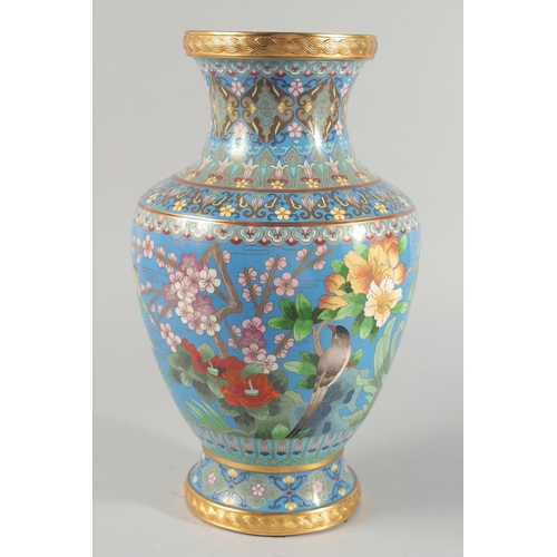 4 - A GOOD LARGE CHINESE BLUE GROUND CLOISONNE VASE, decorated with flowers, birds and butterflies, the ... 