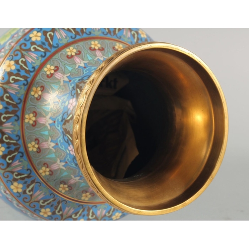 4 - A GOOD LARGE CHINESE BLUE GROUND CLOISONNE VASE, decorated with flowers, birds and butterflies, the ... 