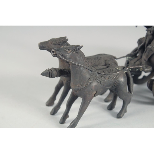 43 - A BURMESE BRONZE MODEL OF A CART, with two figures being pulled by horses, 25.5cm long.
