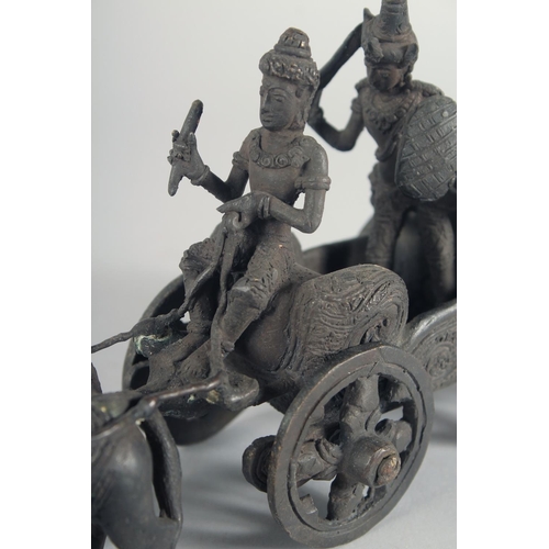 43 - A BURMESE BRONZE MODEL OF A CART, with two figures being pulled by horses, 25.5cm long.