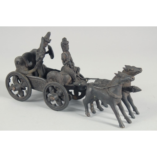 43 - A BURMESE BRONZE MODEL OF A CART, with two figures being pulled by horses, 25.5cm long.