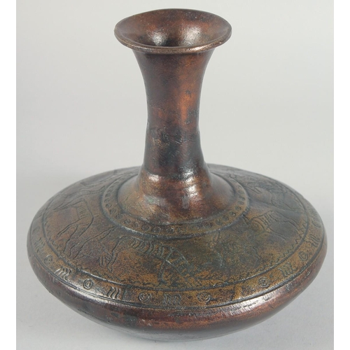 55 - AN EARLY BRONZE CIRCULAR VASE, with chased decoration of a band of various animals, 21cm high.