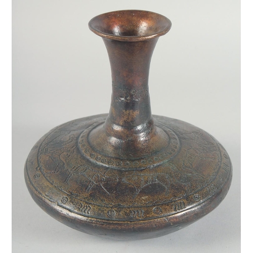 55 - AN EARLY BRONZE CIRCULAR VASE, with chased decoration of a band of various animals, 21cm high.