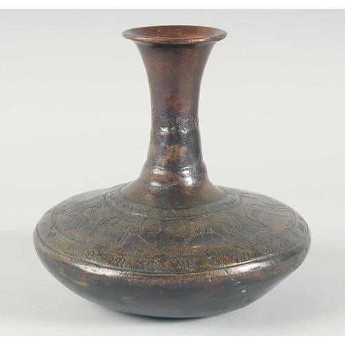 55 - AN EARLY BRONZE CIRCULAR VASE, with chased decoration of a band of various animals, 21cm high.