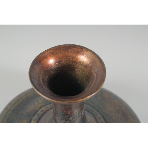 55 - AN EARLY BRONZE CIRCULAR VASE, with chased decoration of a band of various animals, 21cm high.