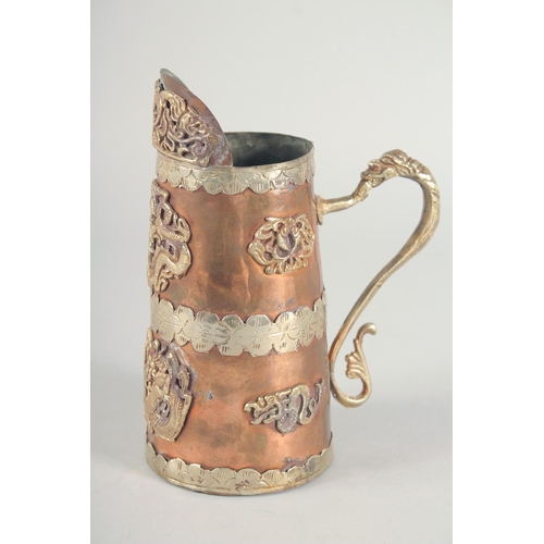 57 - A CHINESE COPPER AND BRASS JUG, with applied dragons, 19cm high.
