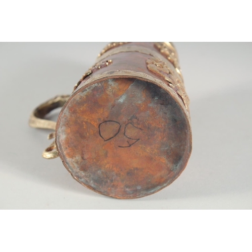 57 - A CHINESE COPPER AND BRASS JUG, with applied dragons, 19cm high.