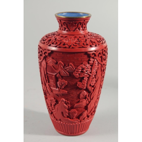 9 - A PAIR OF CHINESE CINNABAR LACQUER VASES, decorated with landscape scenes, together with two similar... 