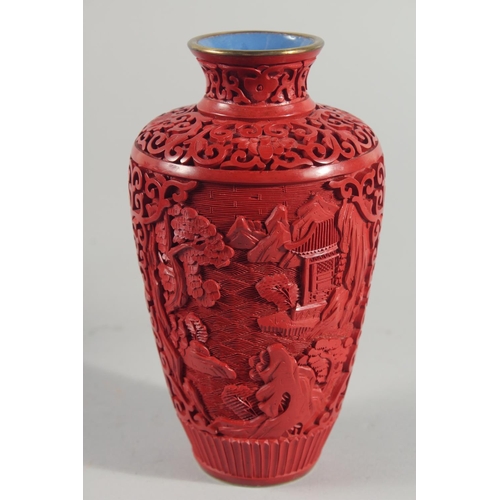 9 - A PAIR OF CHINESE CINNABAR LACQUER VASES, decorated with landscape scenes, together with two similar... 