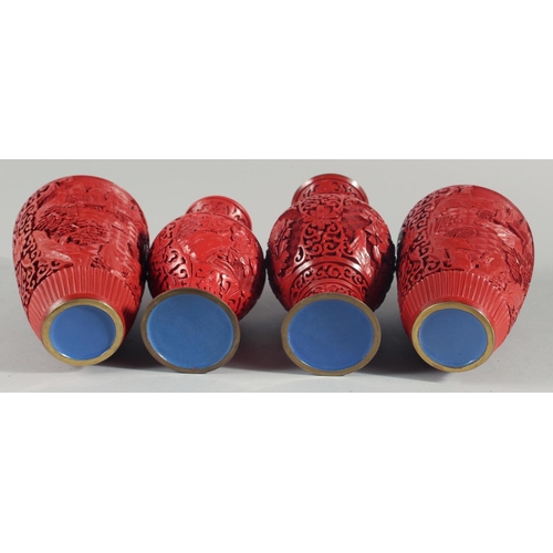 9 - A PAIR OF CHINESE CINNABAR LACQUER VASES, decorated with landscape scenes, together with two similar... 