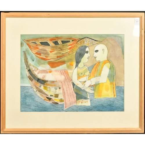 107 - Badri Narayan (1929-2013) Indian, embracing figures by boats in a waterway, watercolour, signed with... 