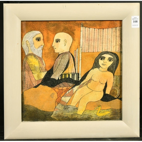 108 - Badri Narayan (1929-2013) Indian, a female nude and two other figures by a stream, watercolour, 10.5... 