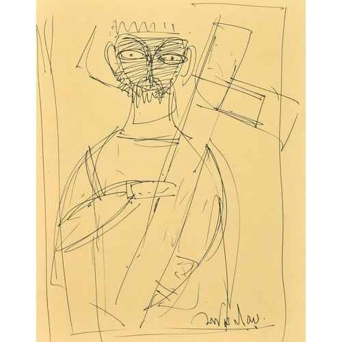 113 - Jamini Roy (1887-1972) Indian, a sketch of a male figure holding an item, ink, signed, 8.25