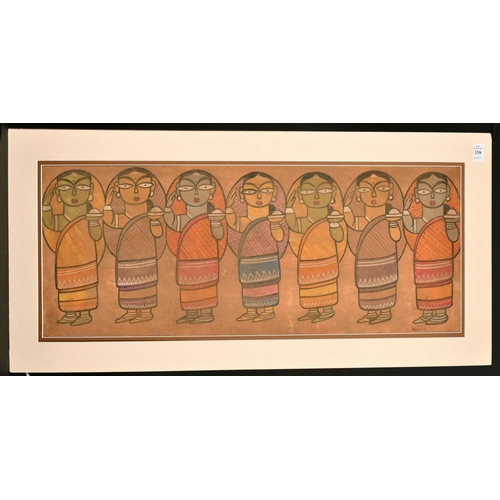 116 - Jamini Roy (1887-1972) Indian, a scene of seven female standing figures, tempera on board, signed, 2... 