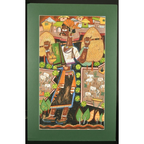 117 - A. A. Almelkar (1920-1982) Indian, a male figure in colourful farmland, gouache, 24.75