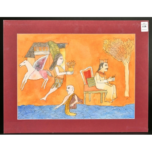 118 - Badri Narayan (1929-2013) Indian, a scene of three figures, watercolour, signed, 10.5