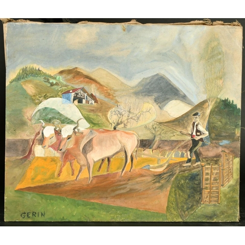 12 - Gerin, 20th Century, A farmer and oxen ploughing a field in a stylised landscape, oil on canvas, 18