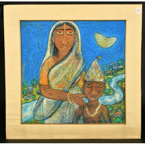 124 - Indian School (20th Century), a mother and child in a moonlit river landscape, pastel, indistinctly ... 