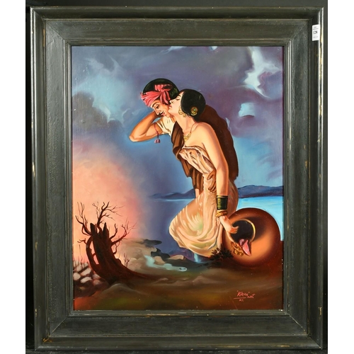 128 - Indian School, 20th Century, a scene of two figures kneeling on a beach, oil on board, signed, 22