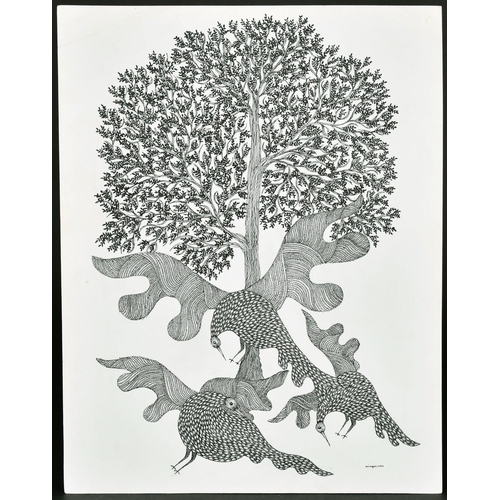 138 - Ram Singh Urveti (b. 1970) Indian Gond Artist, three birds beneath a tree, ink on paper, signed, 14