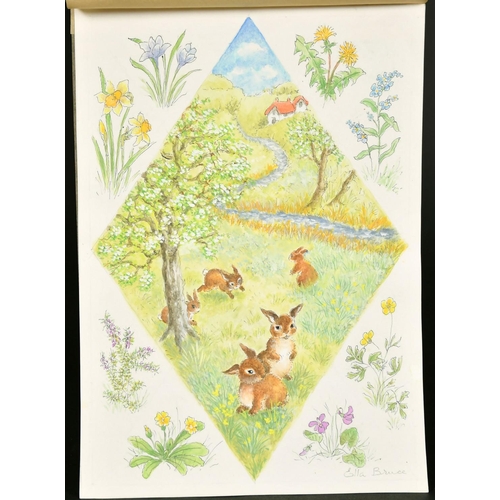 150 - Ella Bruce (20th Century) A group of rabbits in Springtime and wildflowers, watercolour, signed in p... 