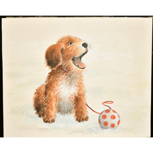 154 - Ella Bruce (20th Century) A puppy with a ball, watercolour, signed in pencil, 7. 5