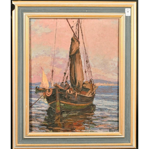 19 - L. Margues, 20th Century, French, a traditional fishing boat at dusk, oil on panel, signed, 18.75