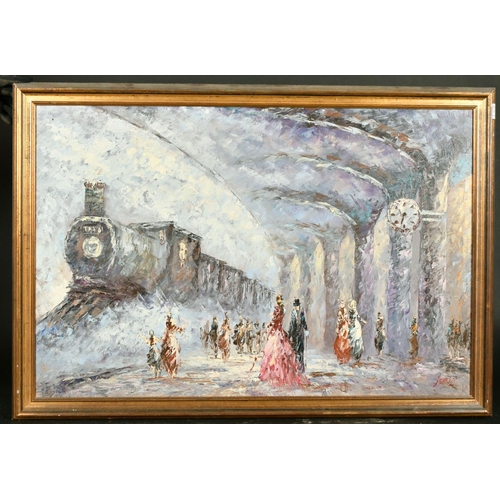 2 - Andre, 20th Century French School, figures in a station, oil on canvas, signed, 23.5