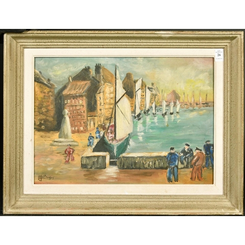 26 - Le Broussos, 20th Century French School, figures gathered in a port, oil on board, signed, 13