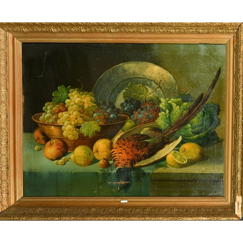 30 - Early 20th Century French School, a still life of fruit and a pheasant, oil on canvas, indistinctly ... 