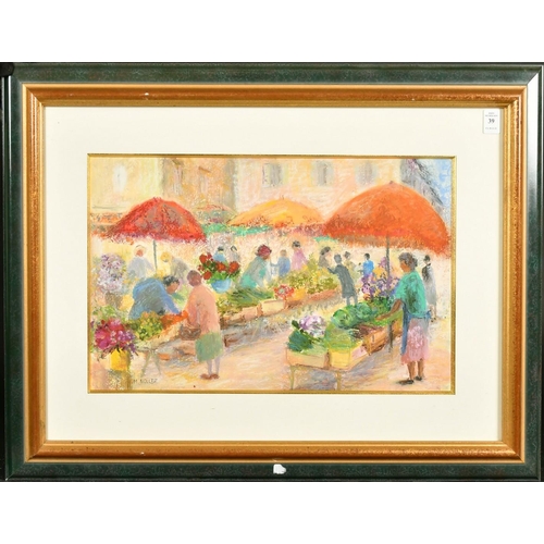 39 - M. Nollez, 20th Century Continental school, a pastel scene of a flower market, signed, 12