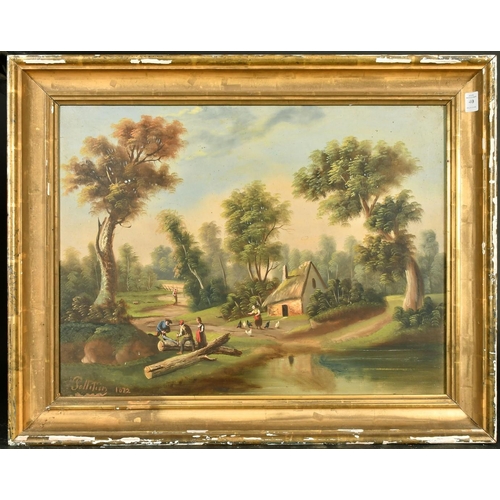 40 - Pellitien, circa 1872, figures cutting logs by a lakeside cottage, oil on canvas, signed and dated, ... 