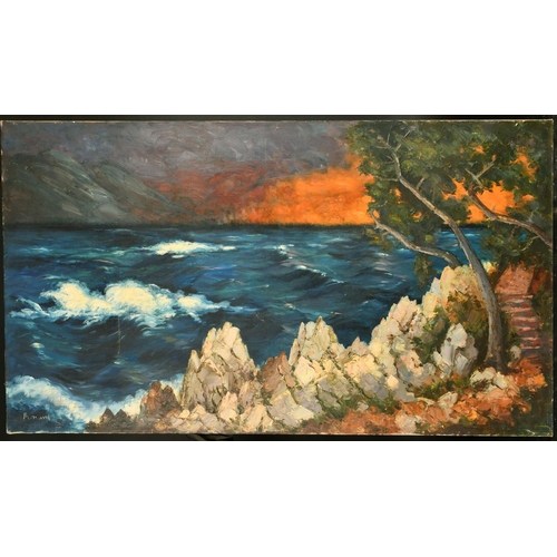 44 - Bernard, 20th Century French School, waves breaking over rocks at dusk, oil on canvas, signed, 27.5