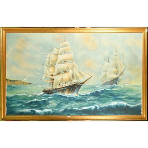 45 - Vanuzzi, 20th Century, sailboats in heavy seas off a headland, oil on canvas, laid down, signed, 47