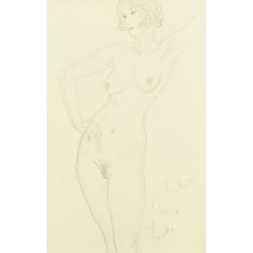 525 - Kanwaldeep Singh Kang, signed Nicks (1964-2007) British, A standing female nude, pencil, signed, ins... 