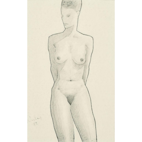 526 - Kanwaldeep Singh Kang, signed Nicks (1964-2007) British, A standing female nude with arms behind her... 