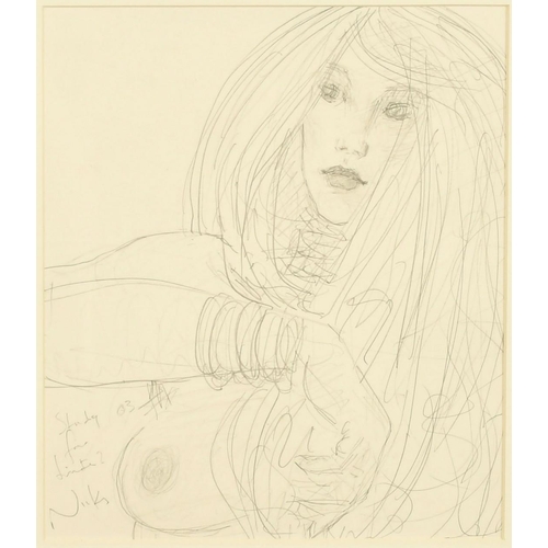 528 - Kanwaldeep Singh Kang, signed Nicks (1964-2007) British, A portrait study of a female, pencil, inscr... 