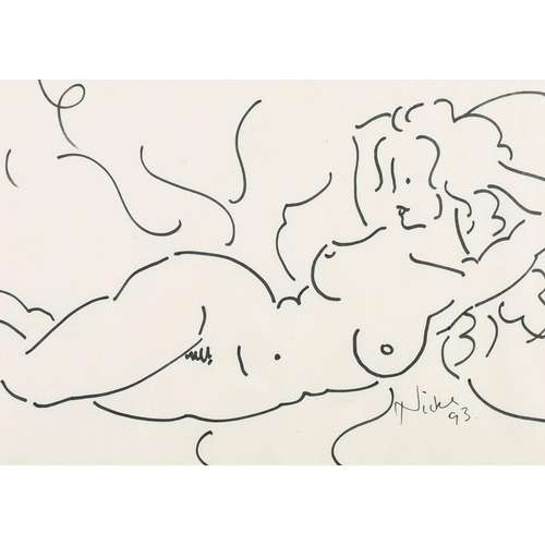 530 - Kanwaldeep Singh Kang, signed Nicks (1964-2007) British, A female nude lying on her side, pen/ink, s... 