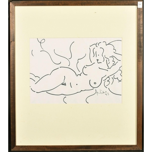 530 - Kanwaldeep Singh Kang, signed Nicks (1964-2007) British, A female nude lying on her side, pen/ink, s... 