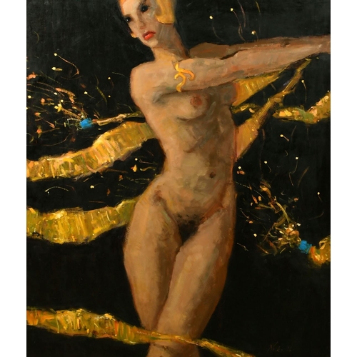 531 - Kanwaldeep Singh Kang, signed Nicks (1964-2007) British, a dancing female nude surrounded by gold st... 