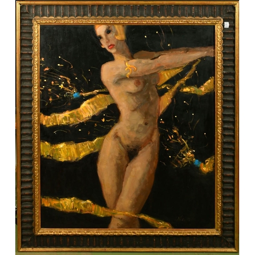 531 - Kanwaldeep Singh Kang, signed Nicks (1964-2007) British, a dancing female nude surrounded by gold st... 