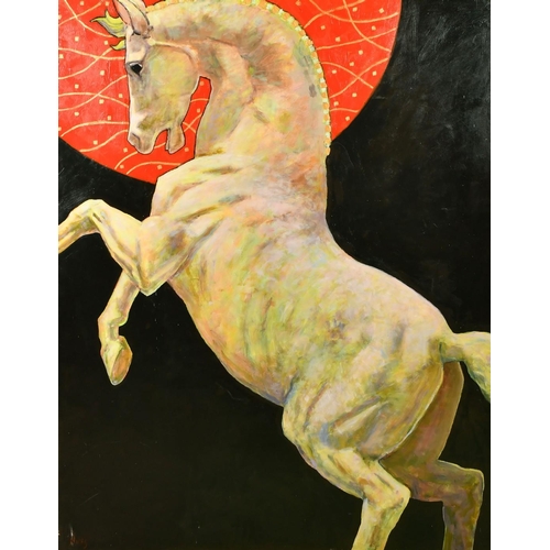 533 - Kanwaldeep Singh Kang, signed Nicks (1964-2007) British, A Horse rearing with an ornate red circle b... 