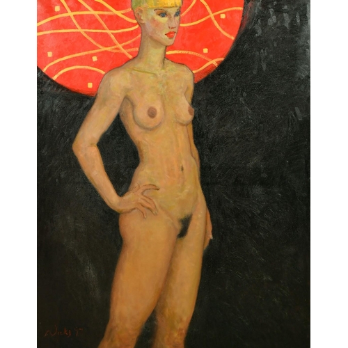 534 - Kanwaldeep Singh Kang, signed Nicks (1964-2007) British, 'Lucy II', a standing female nude with a re... 